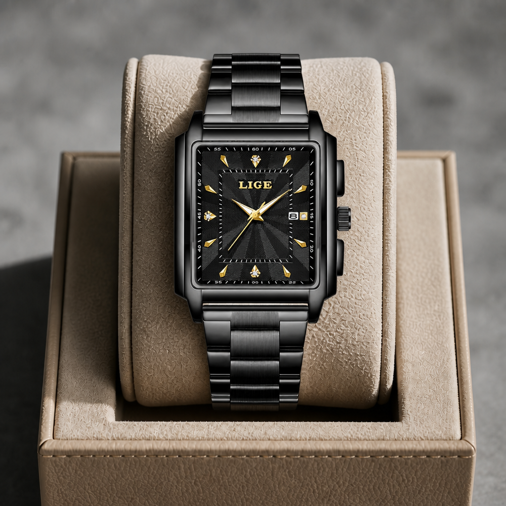 Montre carrée noire à index dorés présentée dans un écrin en cuir beige