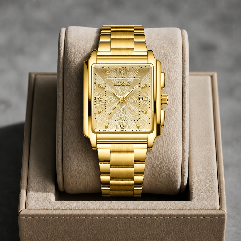 Montre carrée entièrement dorée présentée dans un écrin en cuir beige