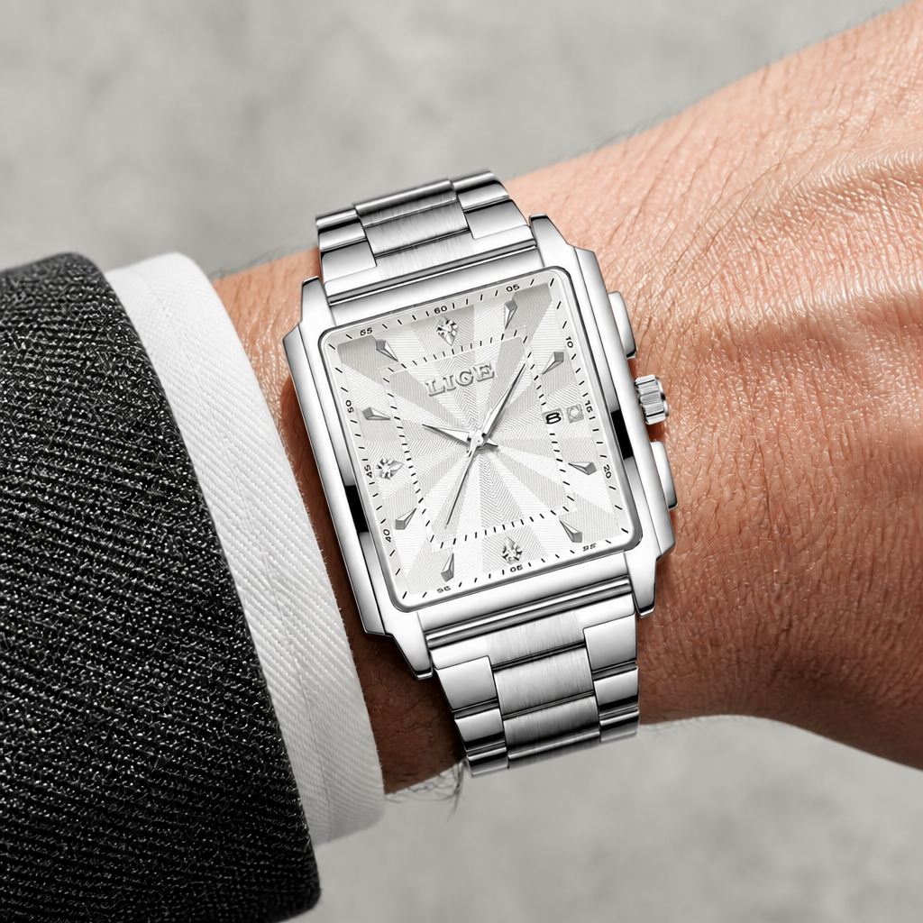 Montre carrée tout acier à cadran argenté portée au poignet sous une manchette de chemise