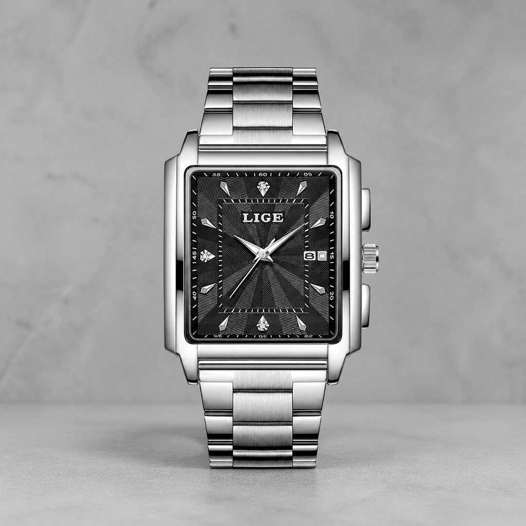 Montre élégante homme carrée à quartz, cadran noir guilloché et bracelet acier, sur béton