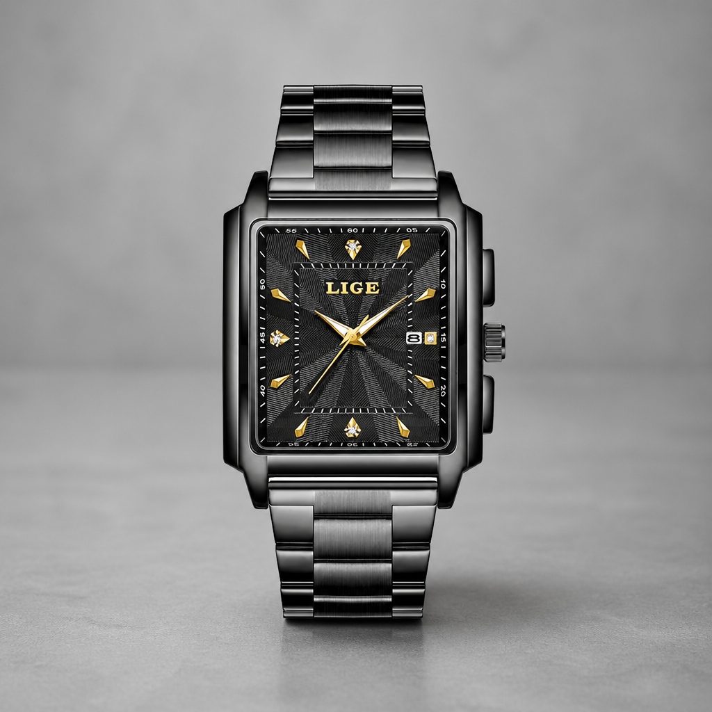 Montre élégante homme carrée noire à index dorés et cadran guilloché, sur béton