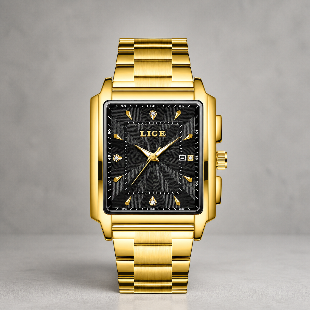 Montre élégante homme carrée dorée à cadran noir guilloché, sur béton