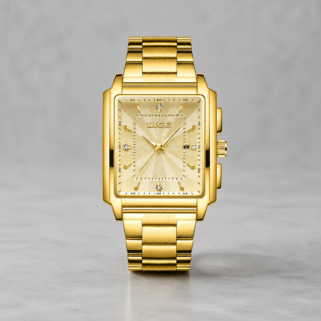Montre élégante homme carrée entièrement dorée à cadran champagne guilloché, sur béton