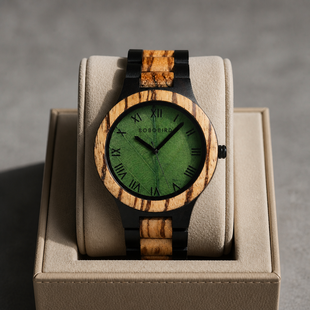Montre en bois à cadran feuille verte posée dans son écrin en cuir beige