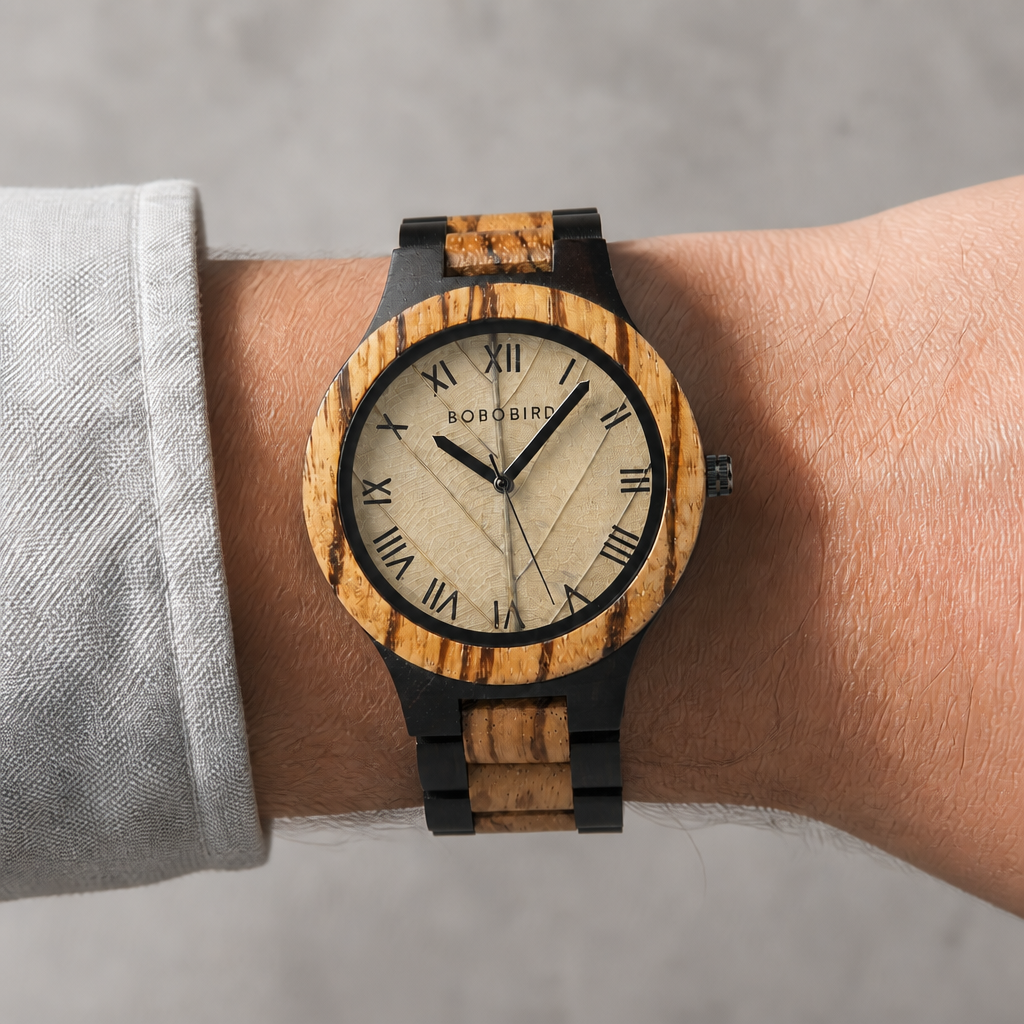 Montre en bois artisanale portée au poignet, cadran feuille beige