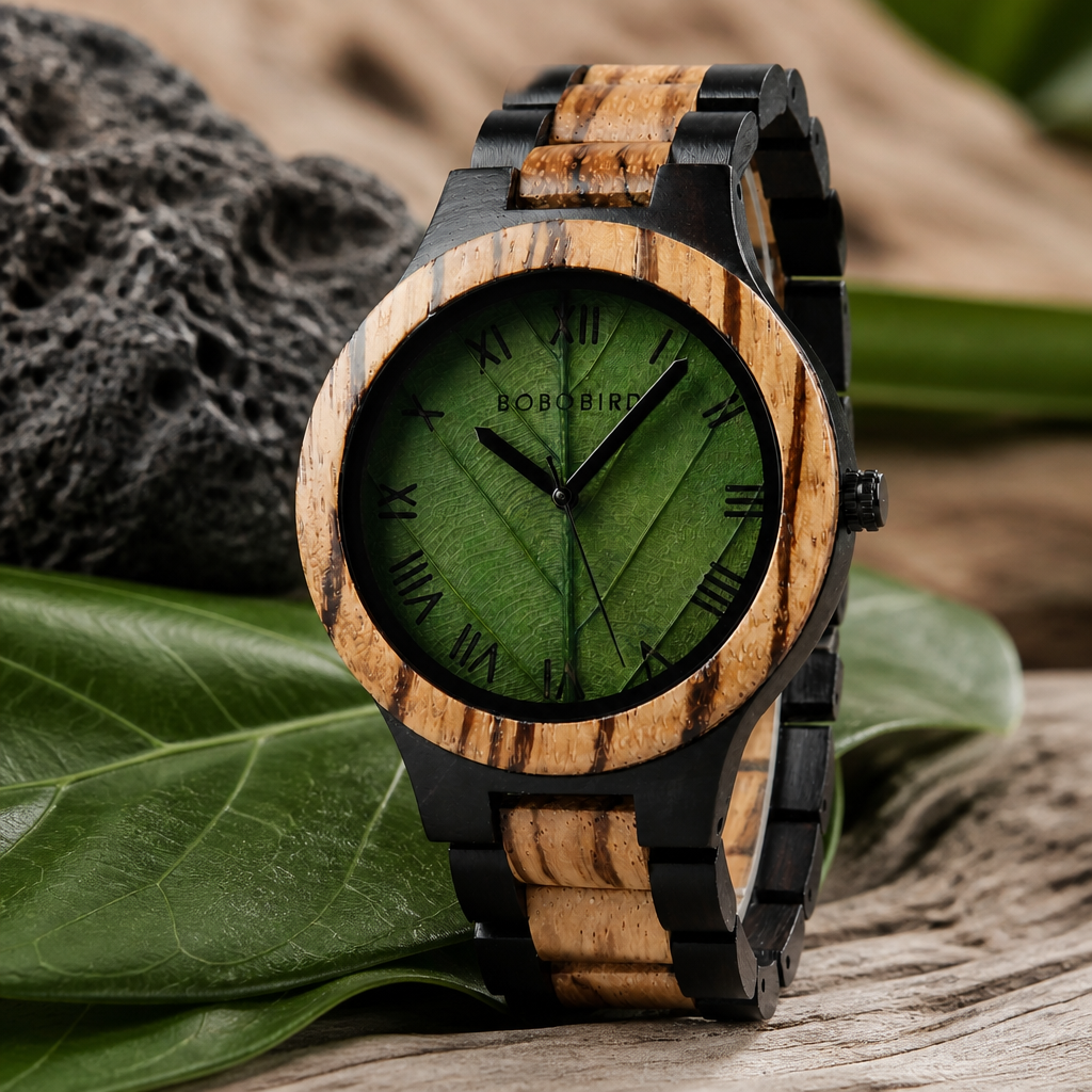 Montre en bois à cadran feuille posée sur des feuilles et du bois flotté