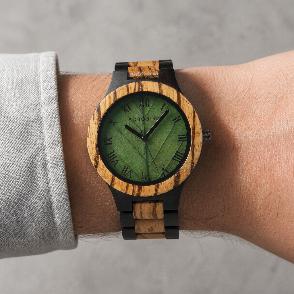 Montre en bois artisanale portée au poignet, cadran feuille verte