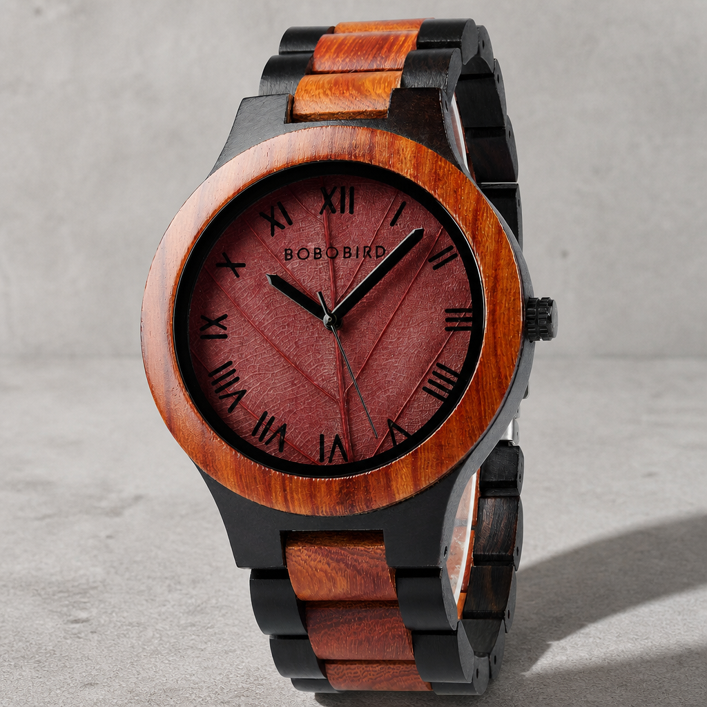 Montre en bois de santal à cadran feuille rose et chiffres romains