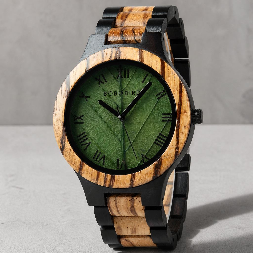 Montre en bois artisanale à cadran feuille verte et chiffres romains