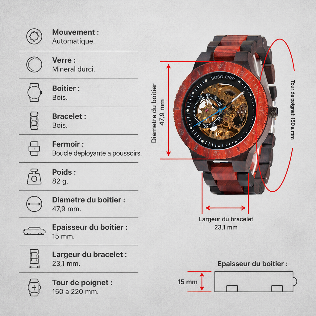 Caractéristiques de la montre en bois automatique : mouvement, verre, boîtier, bracelet, poids et dimensions