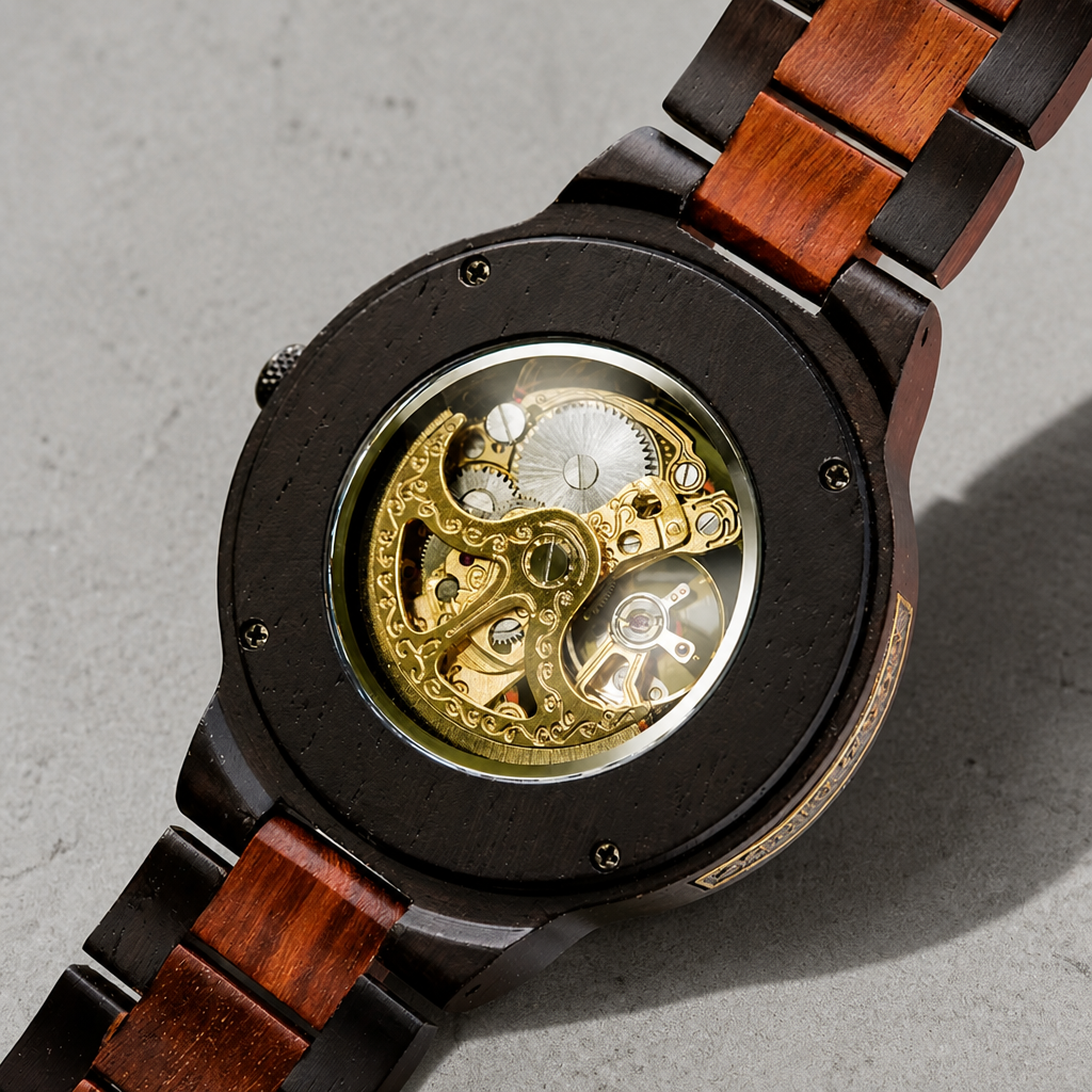 Fond vitré de la montre en bois automatique, masse oscillante dorée visible