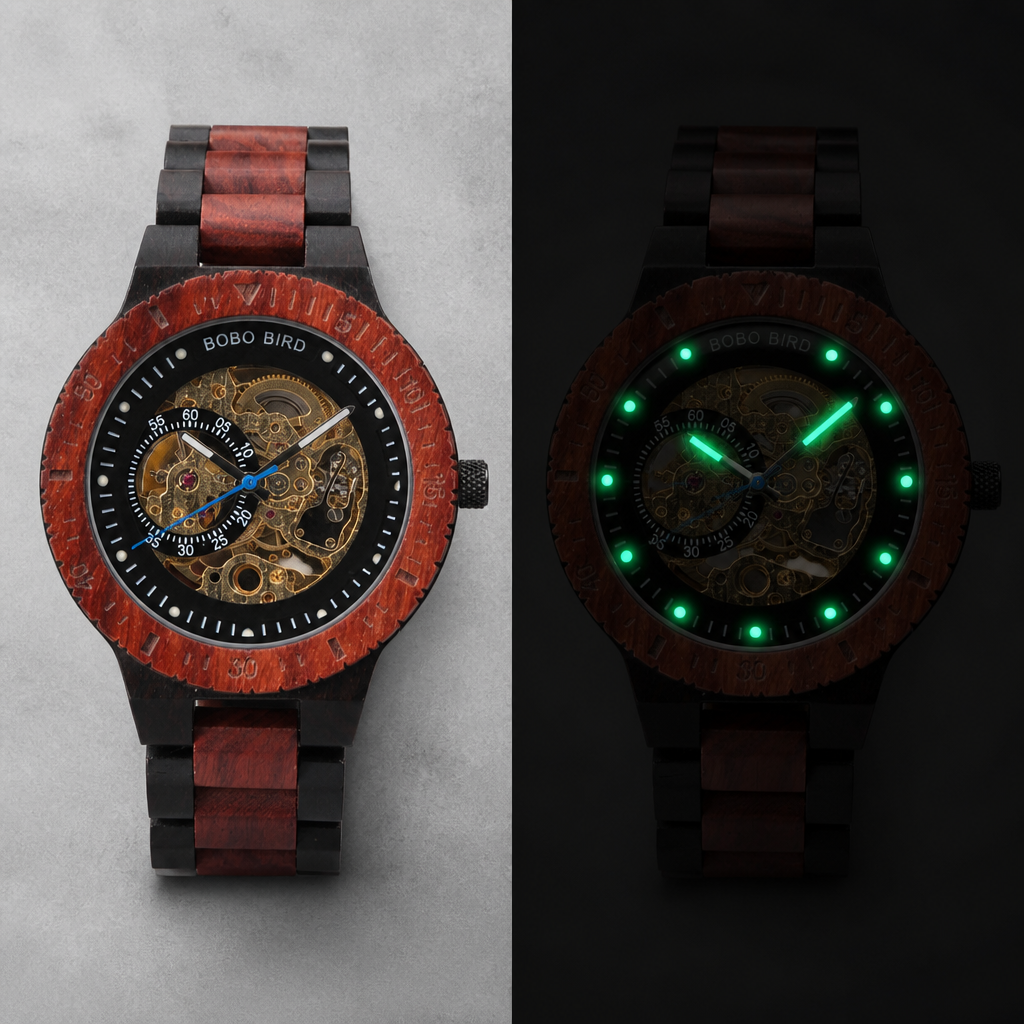 Montre en bois de jour et de nuit, index et aiguilles luminescents verts
