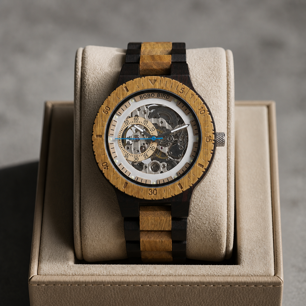 Montre en bois ébène et santal clair posée dans un écrin en cuir beige