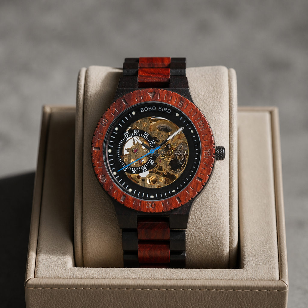 Montre en bois ébène et santal rouge posée dans un écrin en cuir beige