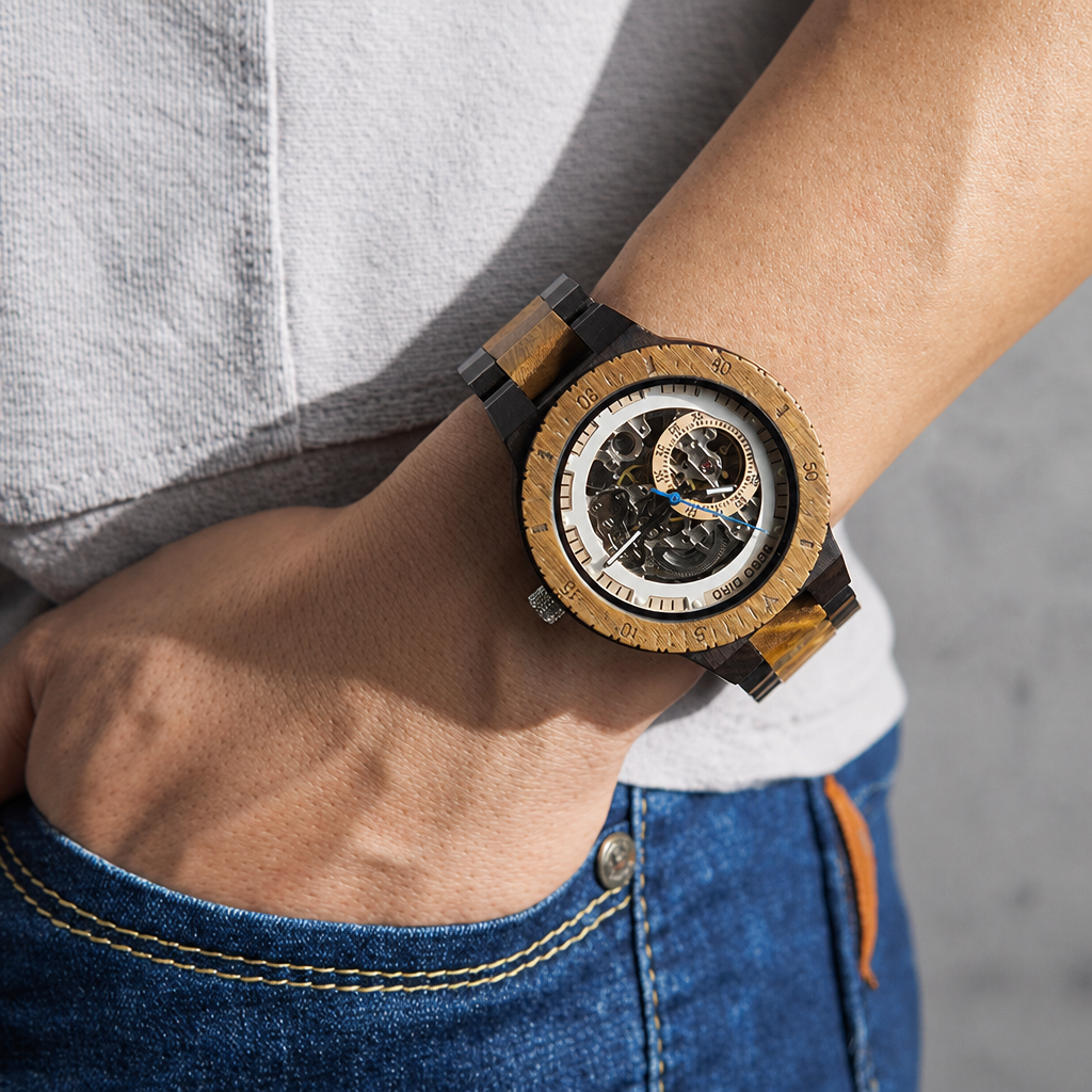 Montre en bois automatique ébène et santal clair portée au poignet d'un homme