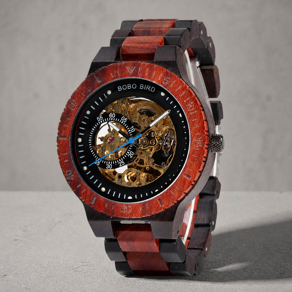 Montre en bois automatique ébène et santal rouge, cadran squelette et lunette en bois