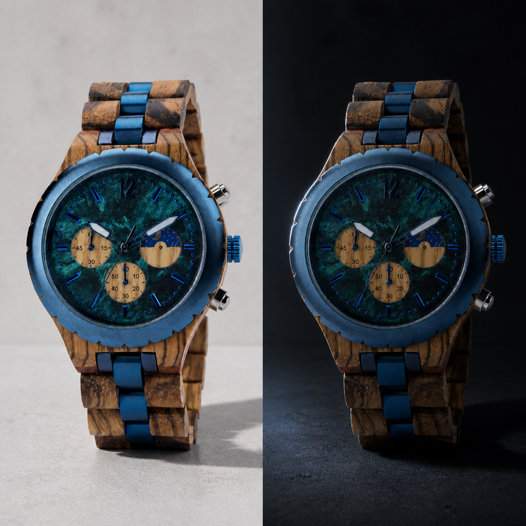 Montre en bois et acier de jour et de nuit, indicateur soleil et lune sur le cadran