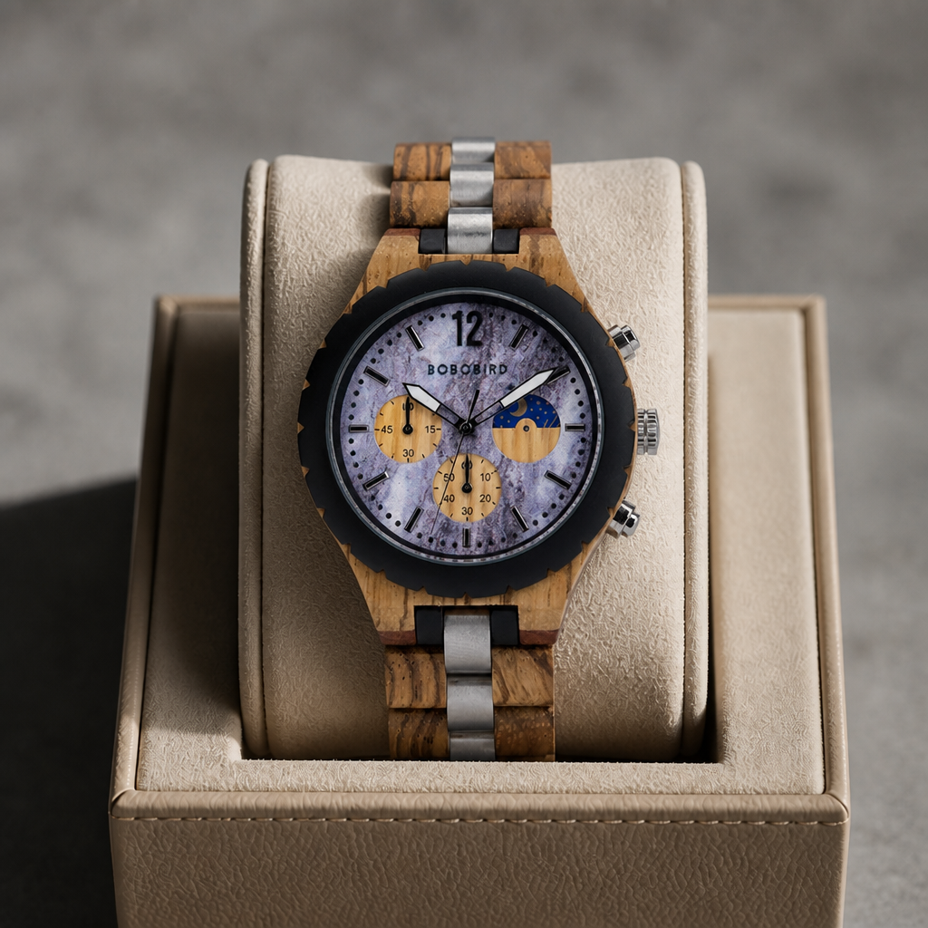 Montre en bois zébrano et acier posée dans un écrin en cuir beige