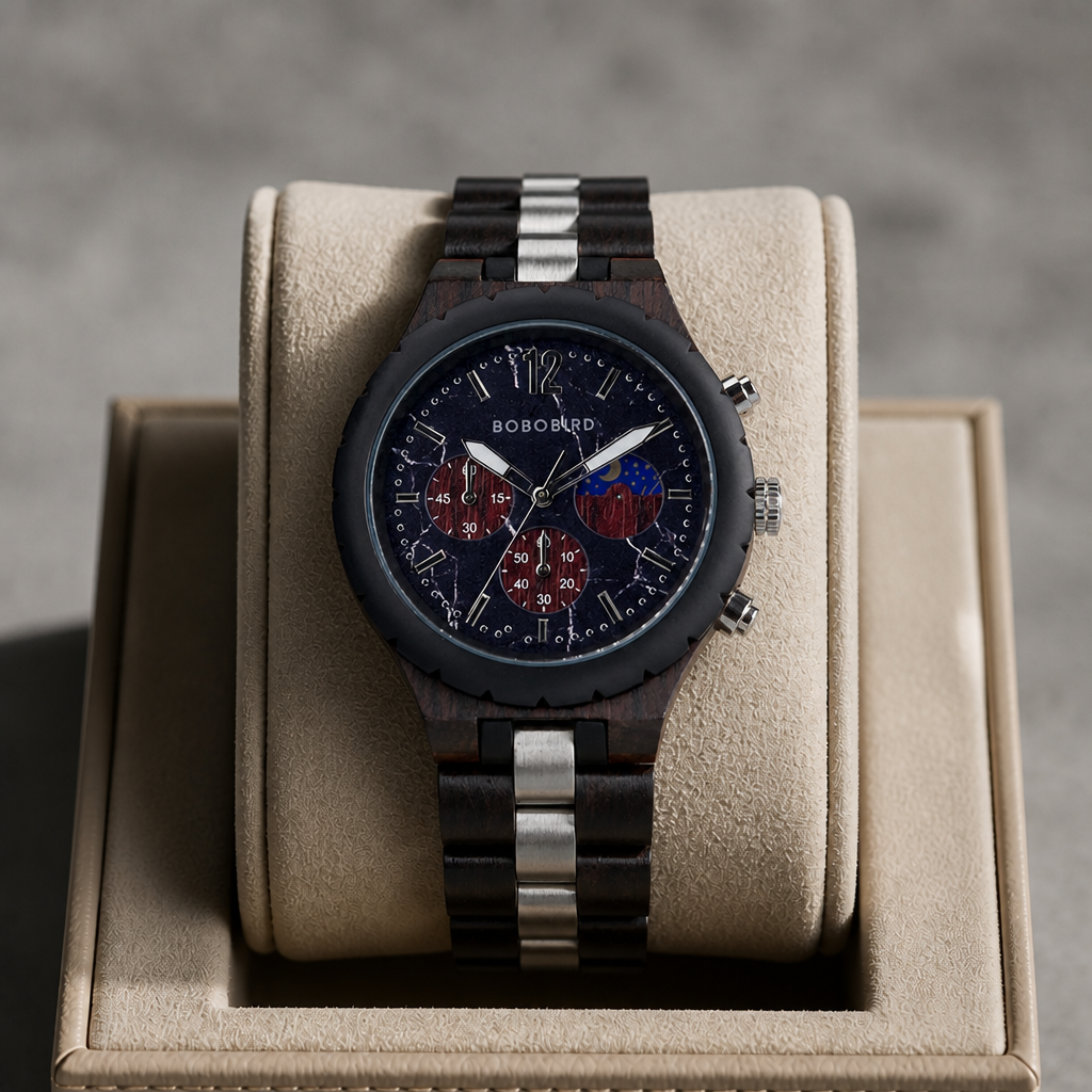 Montre en bois d'ébène et acier posée dans un écrin en cuir beige
