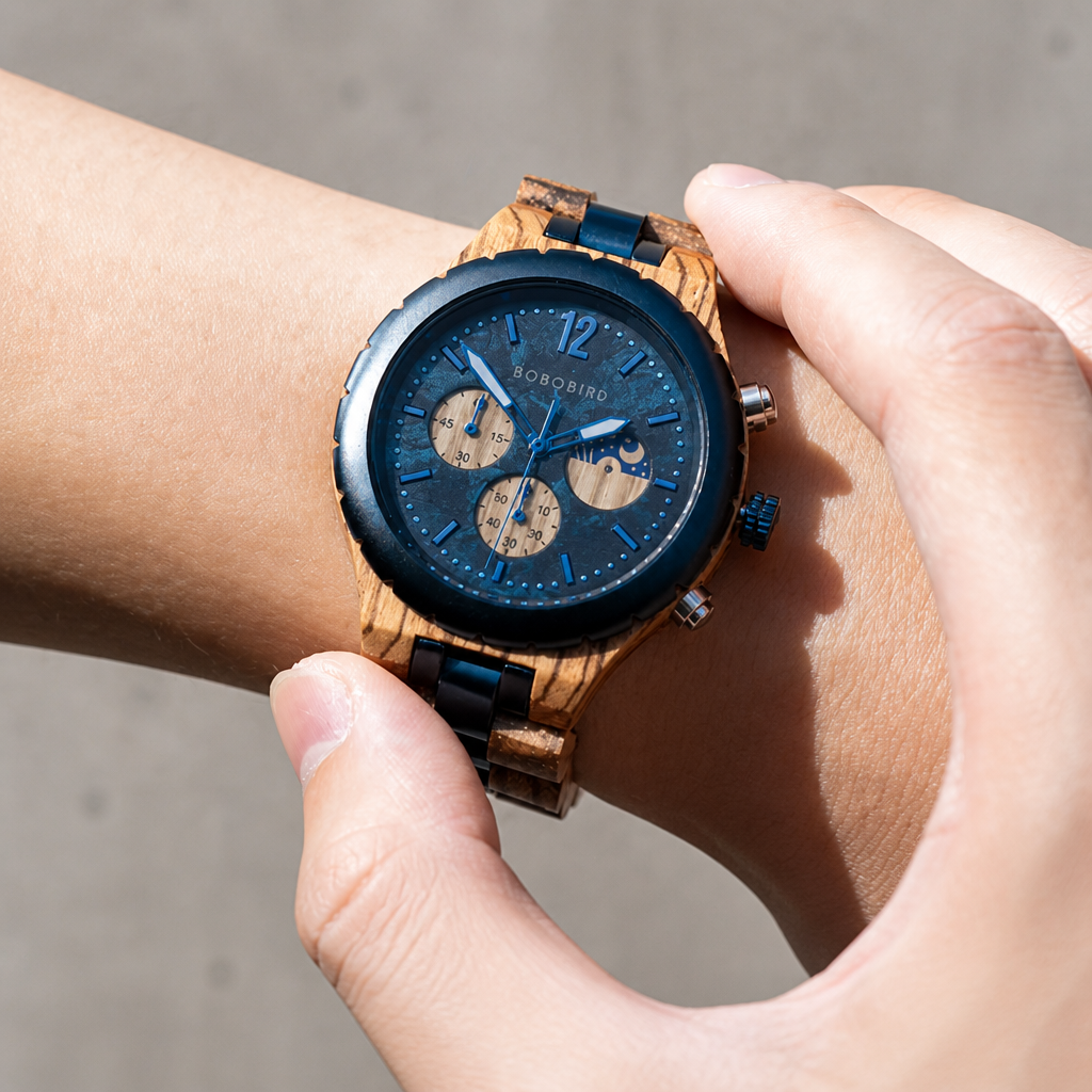 Montre en bois et acier bleue portée au poignet, chronographe à cadran vert