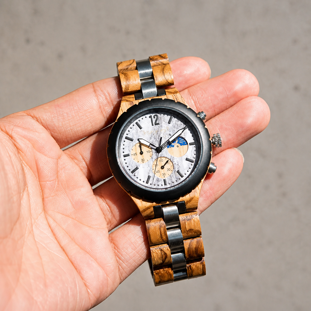 Montre en bois zébrano et acier tenue dans la paume d'un homme