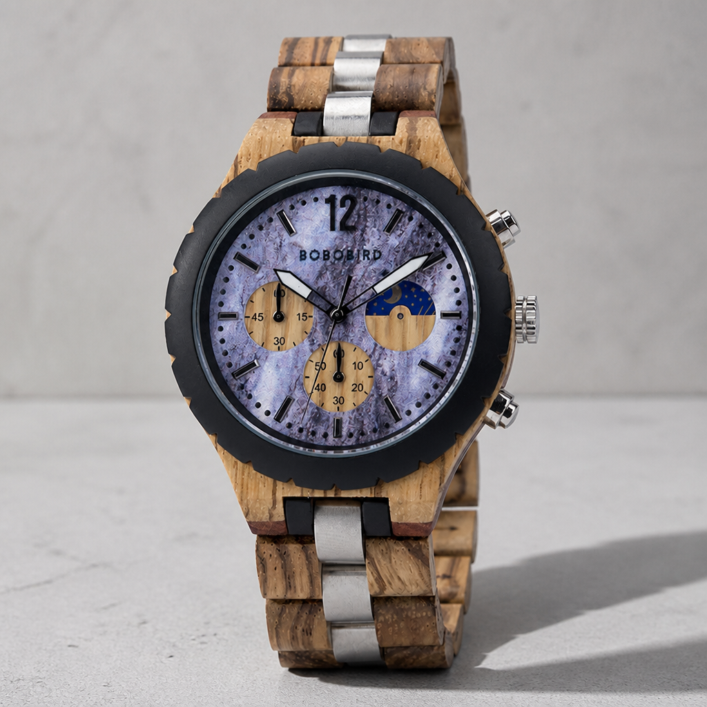 Montre chronographe en bois zébrano et acier, cadran gris violacé
