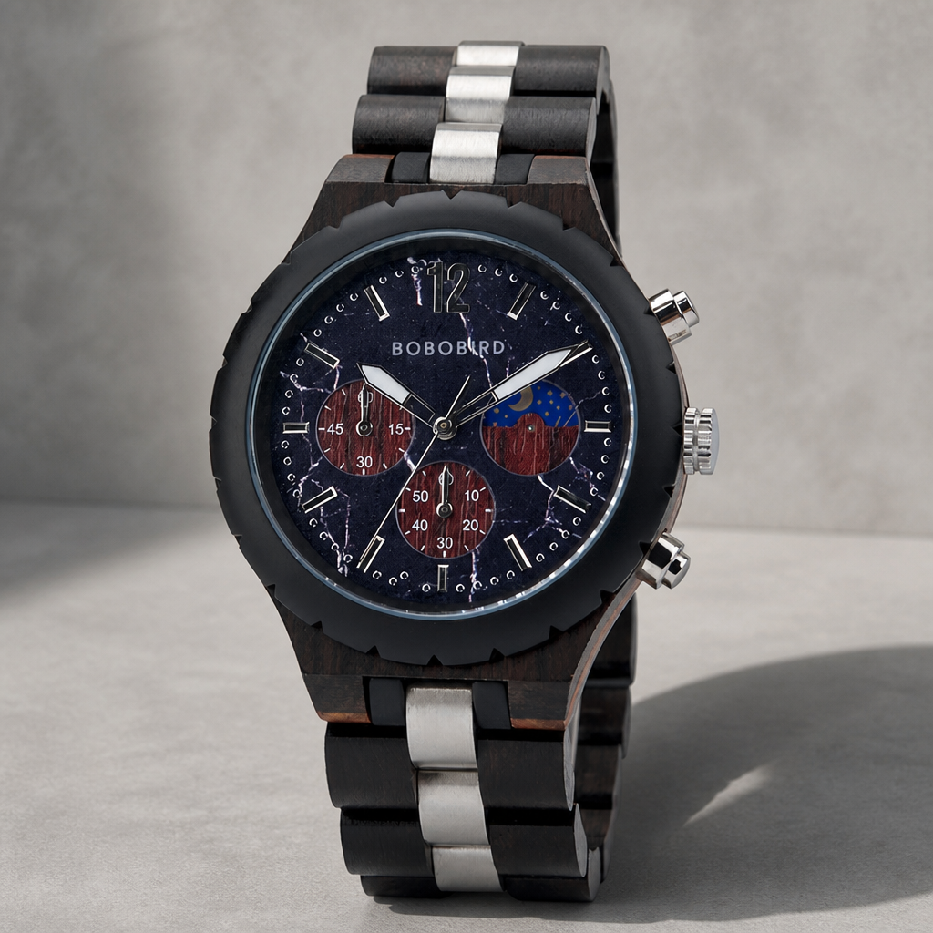 Montre chronographe en bois d'ébène et acier, cadran bleu nuit à compteurs rouges