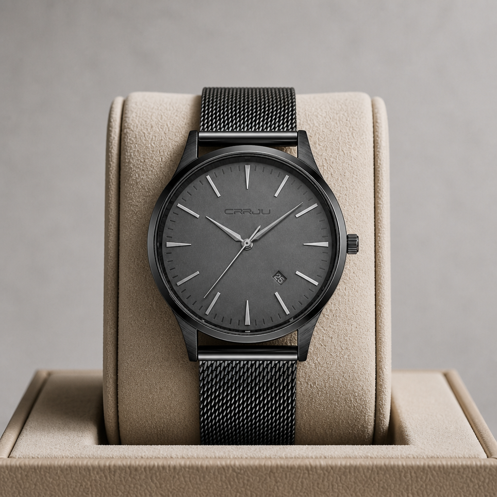 Montre fine homme à cadran gris posée dans son écrin en cuir beige