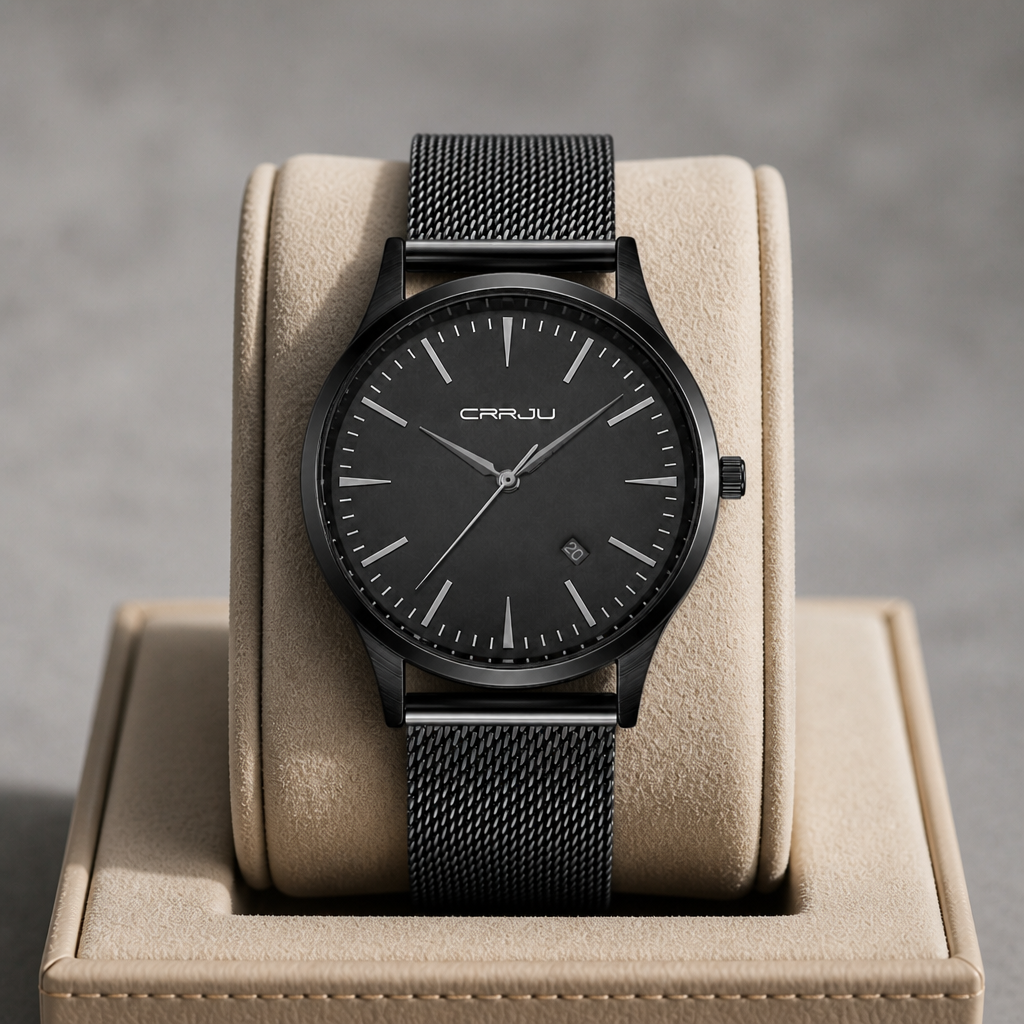Montre fine homme noire posée dans son écrin en cuir beige