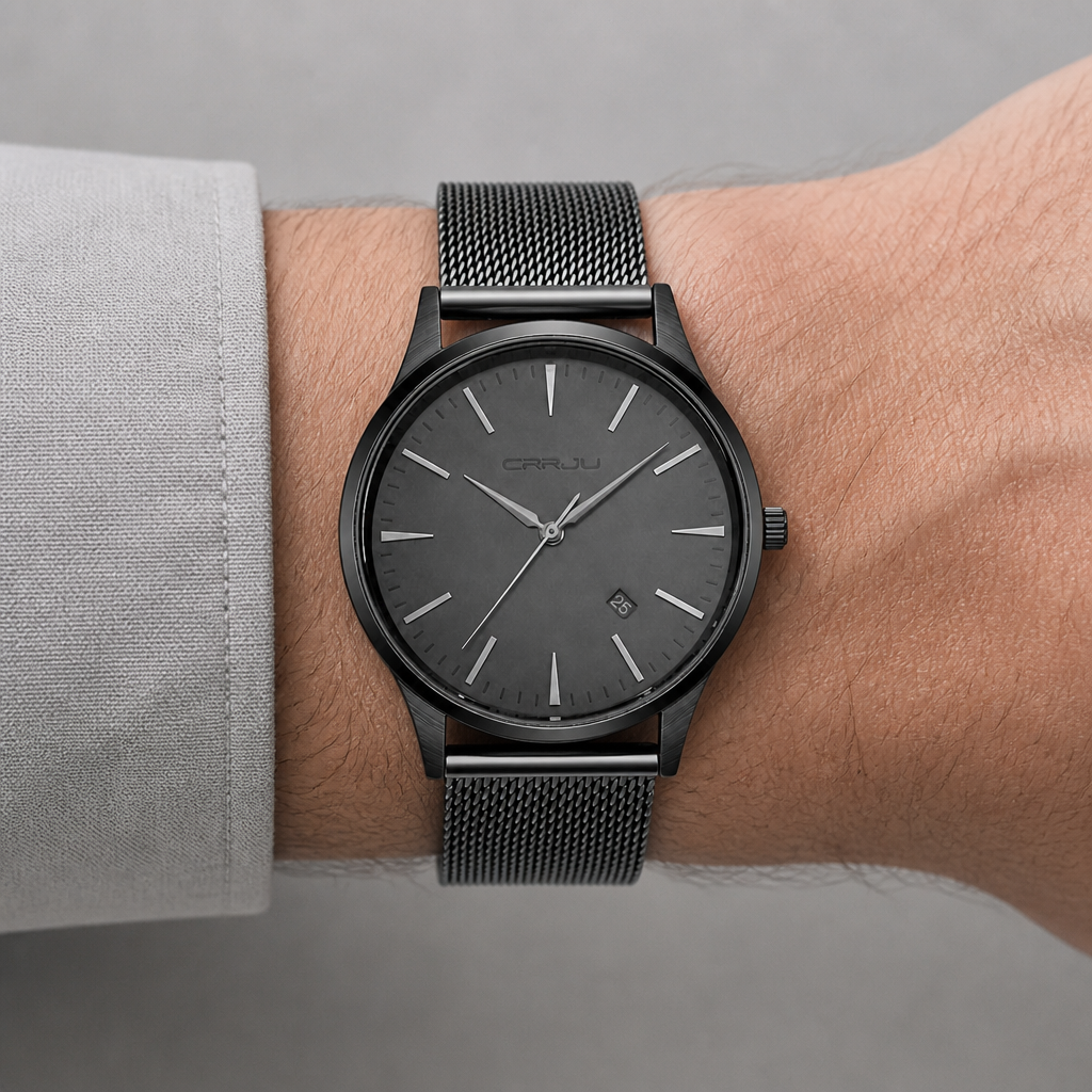 Montre fine homme portée au poignet, cadran gris anthracite et maille noire