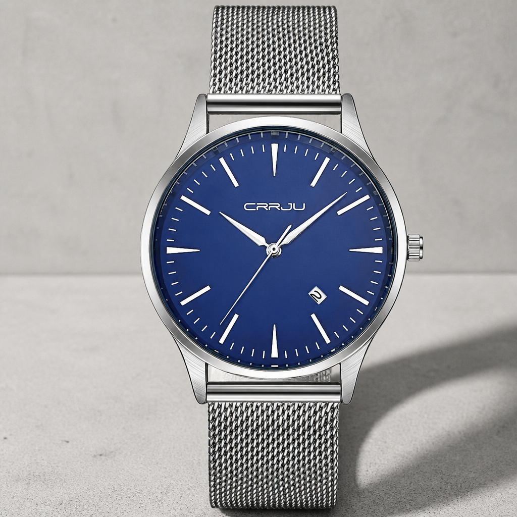 Montre fine homme en acier, cadran bleu et bracelet maille milanaise