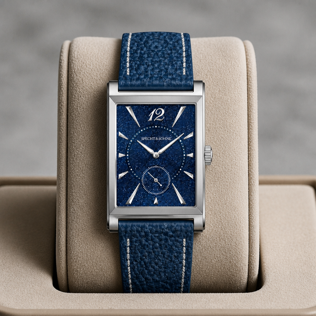 Montre habillée homme bleue présentée dans son écrin en cuir beige