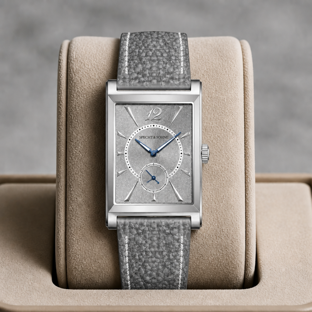 Montre habillée homme grise présentée dans son écrin en cuir beige