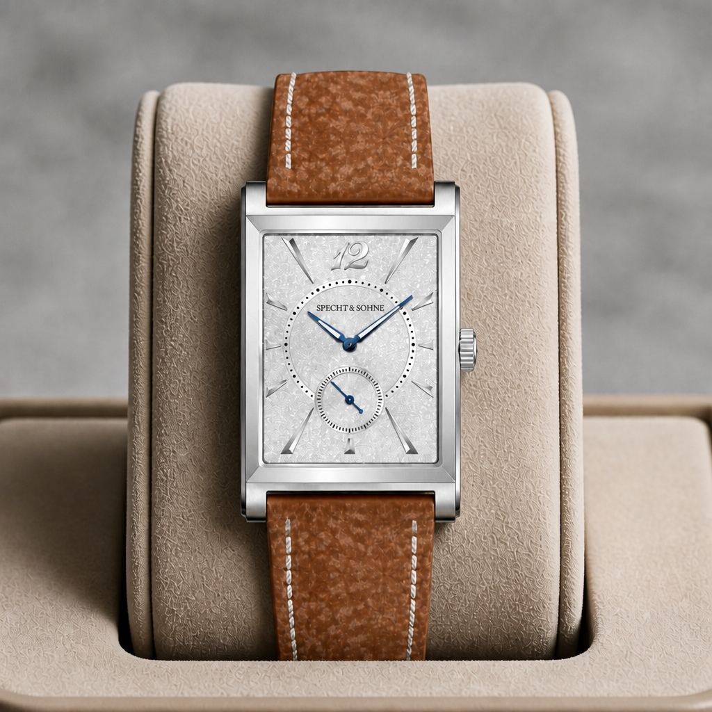 Montre habillée homme marron présentée dans son écrin en cuir beige