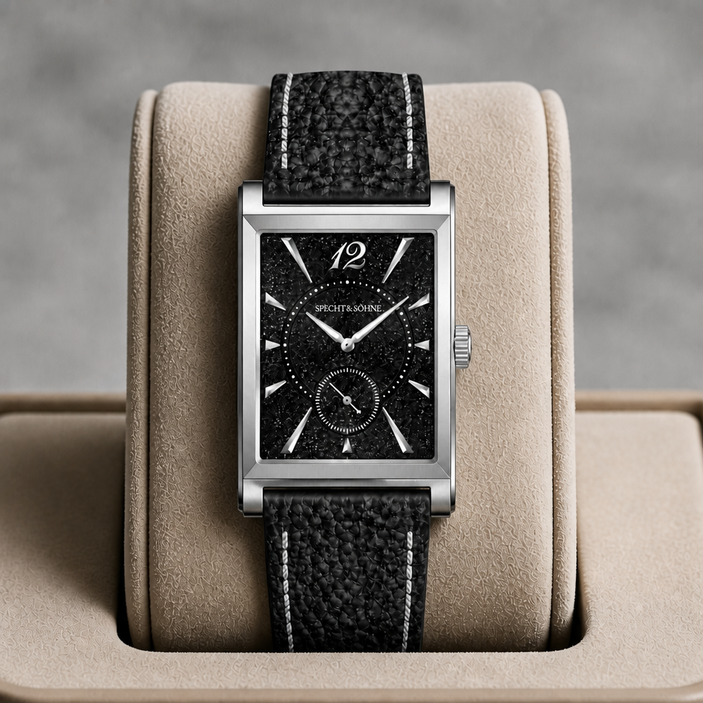 Montre habillée homme noire présentée dans son écrin en cuir beige