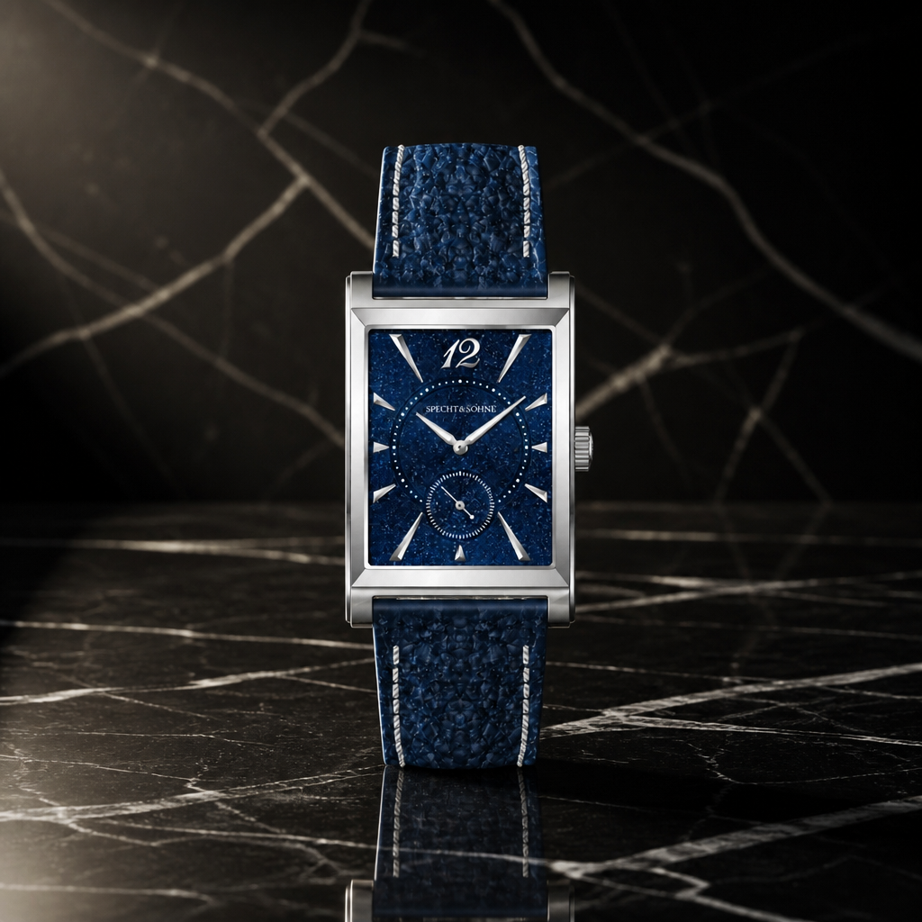 Montre extra plate bracelet cuir bleu posée sur une dalle de marbre noir