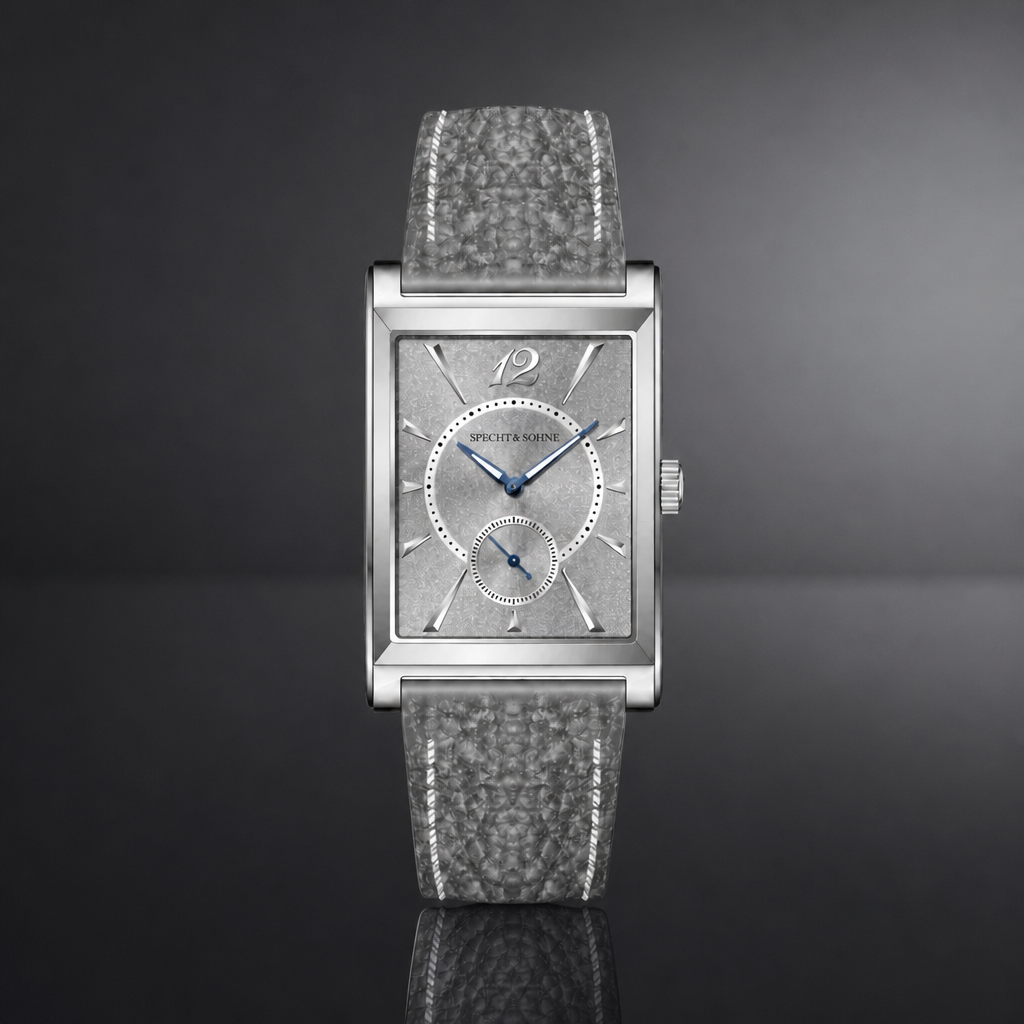 Montre extra plate bracelet cuir gris sur une plaque de verre fumé