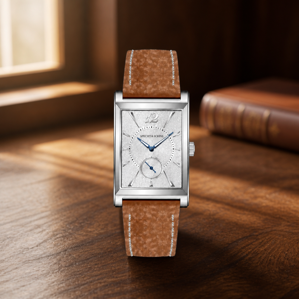 Montre extra plate bracelet cuir marron posée sur un bureau en noyer