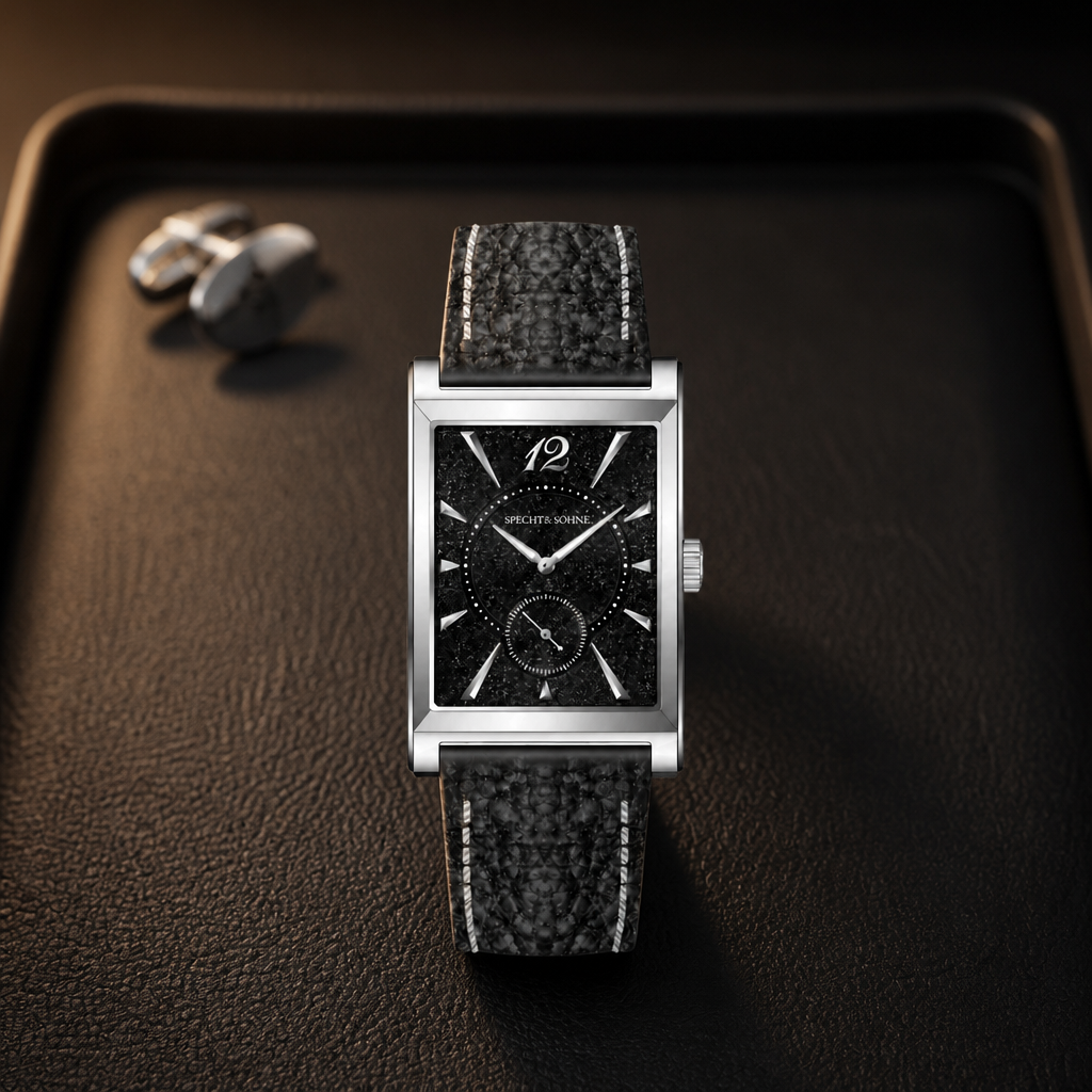 Montre extra plate bracelet cuir noir sur un plateau de cuir grainé