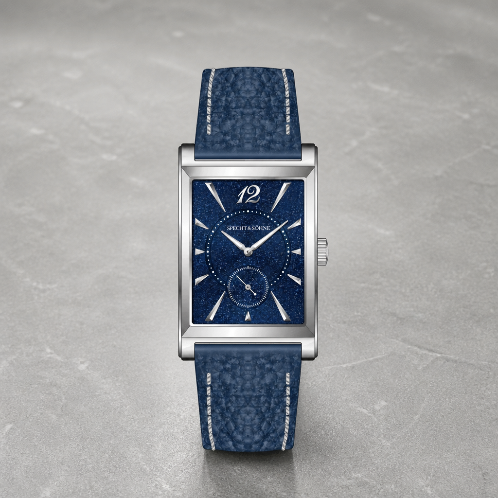 Montre rectangulaire homme boîtier acier, cadran bleu pailleté et bracelet cuir bleu