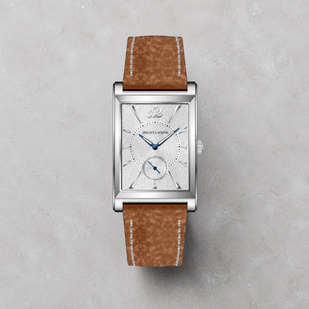 Montre rectangulaire homme boîtier acier, cadran argent et bracelet cuir marron cognac