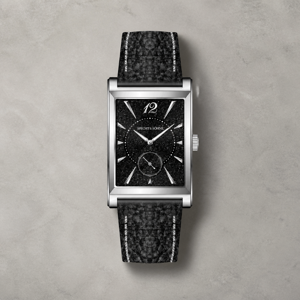 Montre rectangulaire homme boîtier acier, cadran noir granité et bracelet cuir noir