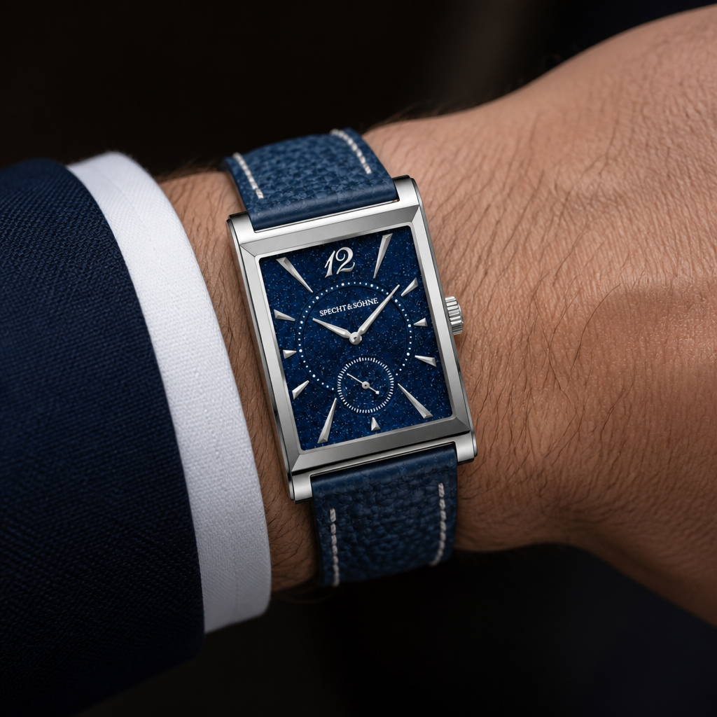Montre habillée homme extra plate au poignet, bracelet cuir bleu et cadran bleu nuit