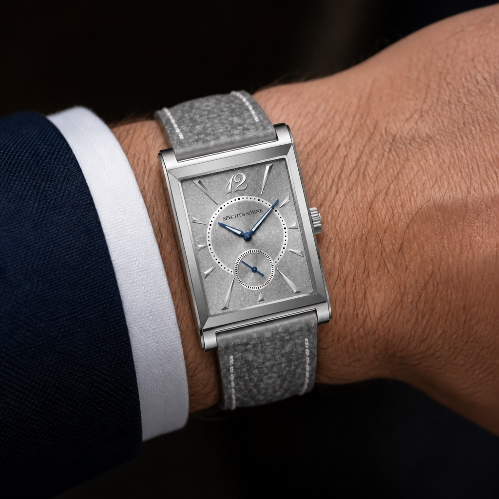 Montre habillée homme extra plate au poignet, bracelet cuir gris et cadran gris satiné