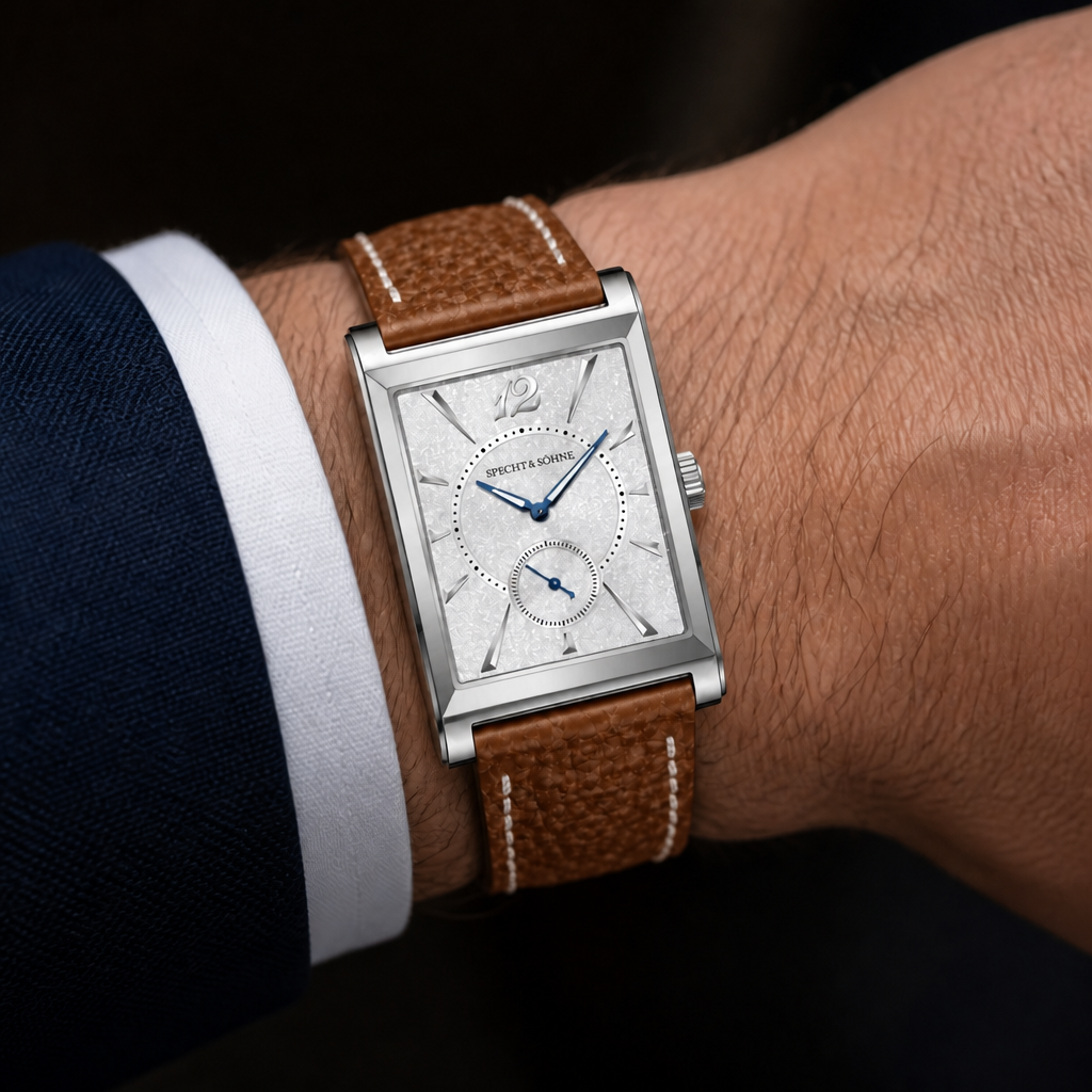 Montre habillée homme extra plate au poignet, bracelet cuir marron et cadran argent