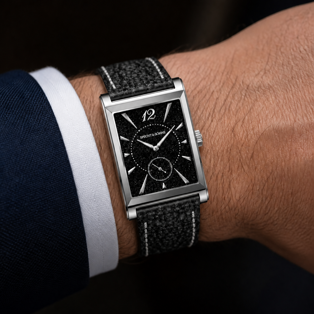 Montre habillée homme extra plate au poignet, bracelet cuir noir et cadran noir