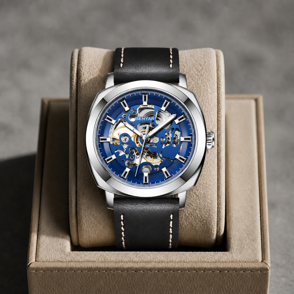 Montre homme squelette acier à cadran bleu posée dans un écrin en cuir beige