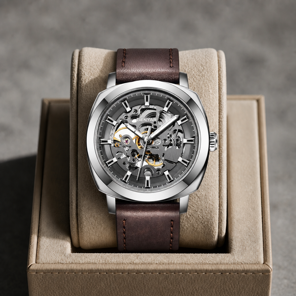 Montre homme squelette acier à bracelet marron posée dans un écrin en cuir beige