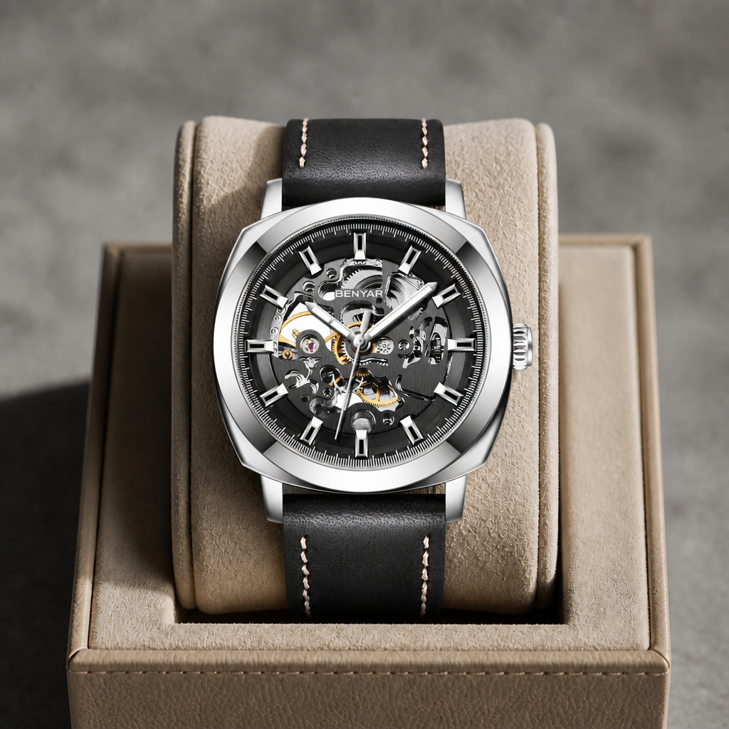 Montre homme squelette acier et noire posée dans un écrin en cuir beige