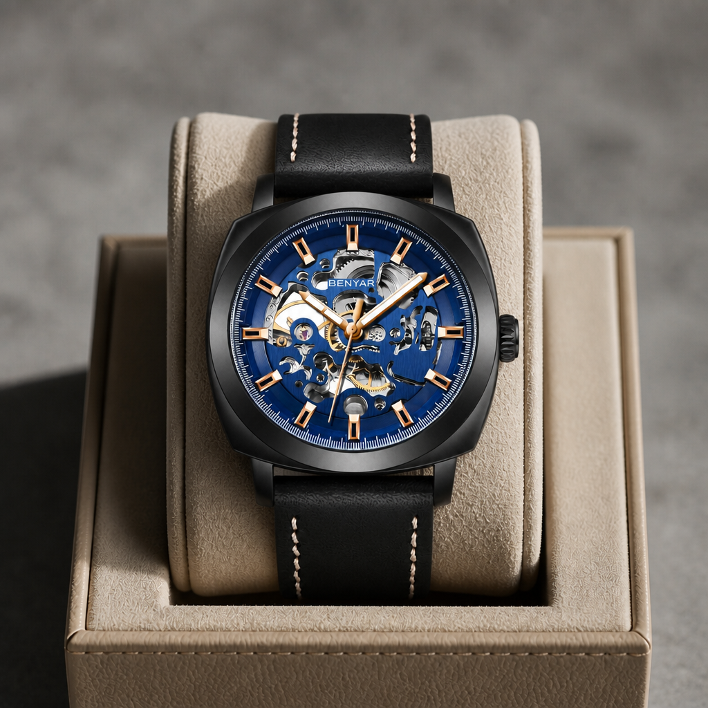 Montre homme squelette noire et bleue posée dans un écrin en cuir beige